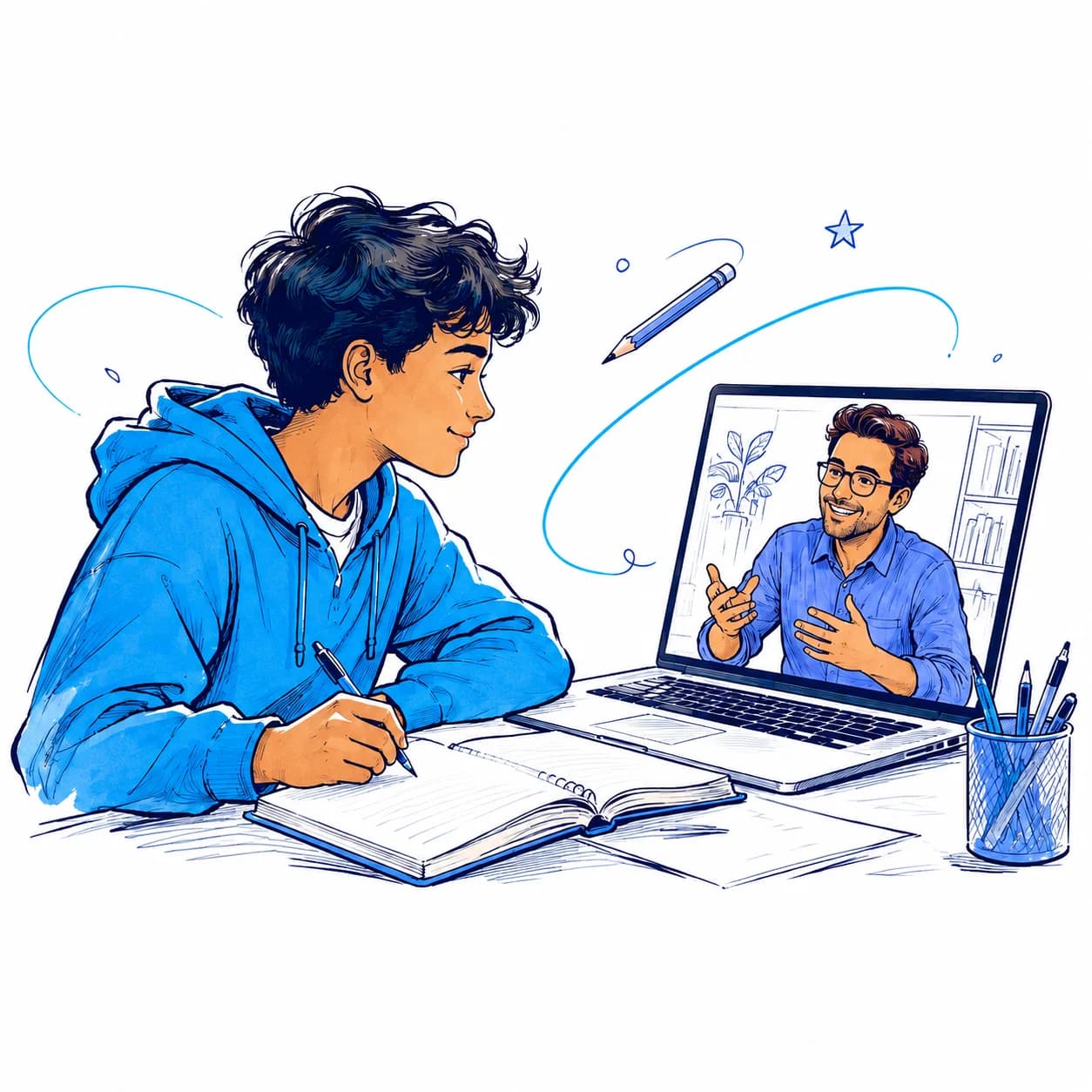 Hand-drawn illustration of a student working through a lesson with their online tutor.